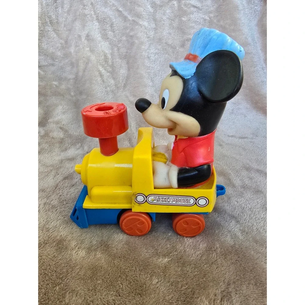 Vintage Disney Mickey Mouse Train Conductor Toy Illco Plastic Yellow Locomotive